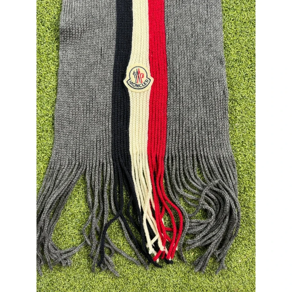 Moncler Wool Scarf Gray Red‎ Navy Stripe Logo Fringe Unisex - Picture 9 of 16